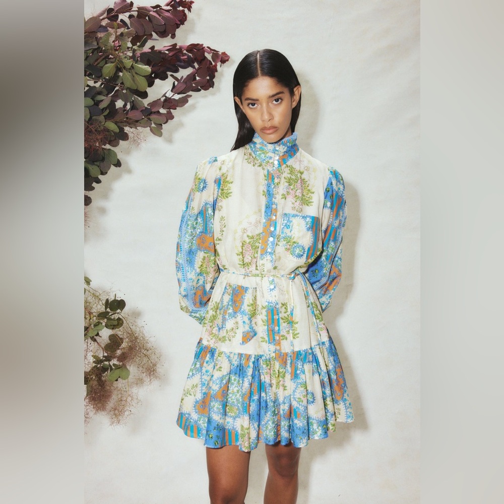 Beulah Blue and Cream Floral Long Sleeve Dress